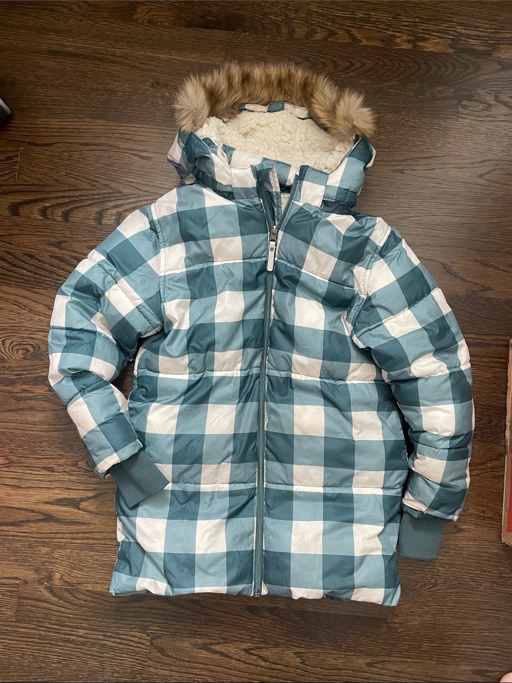 Hanna Andersson Teal and Cream Long Plaid Puffer Jacket w Removable Hood